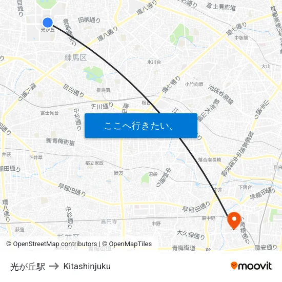 光が丘駅 to Kitashinjuku map