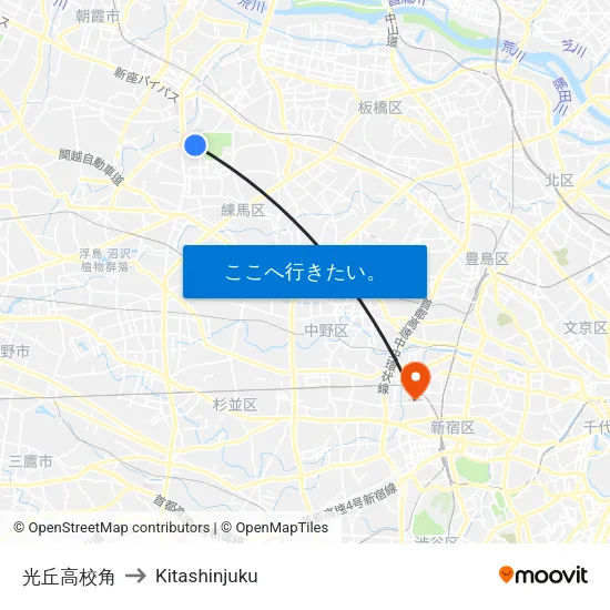 光丘高校角 to Kitashinjuku map