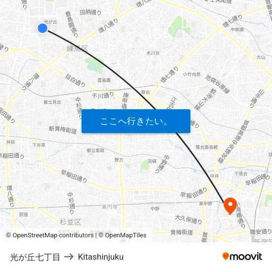 光が丘七丁目 to Kitashinjuku map