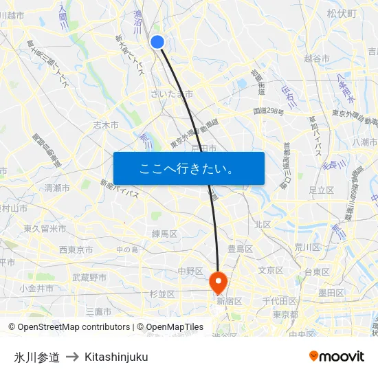氷川参道 to Kitashinjuku map