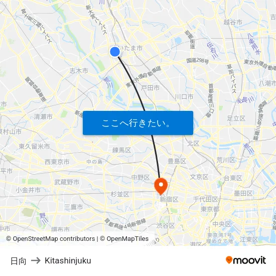日向 to Kitashinjuku map