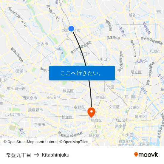 常盤九丁目 to Kitashinjuku map