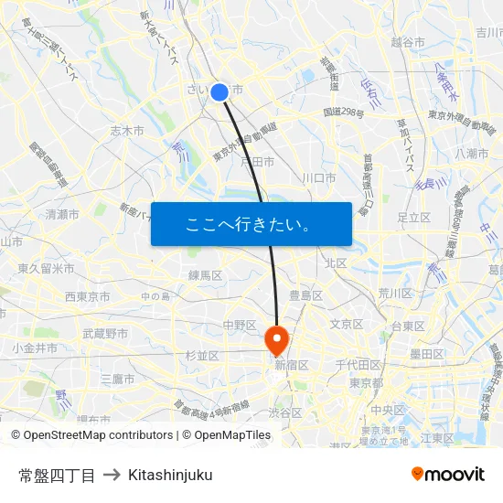 常盤四丁目 to Kitashinjuku map