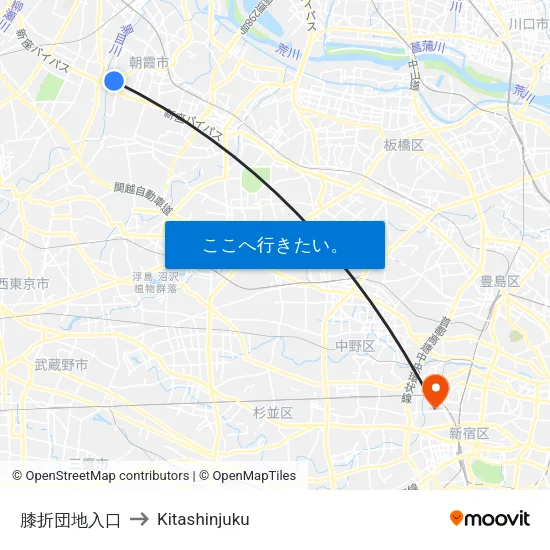 膝折団地入口 to Kitashinjuku map