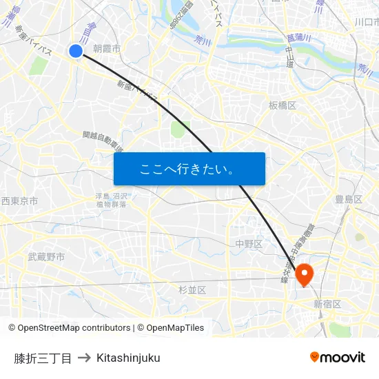 膝折三丁目 to Kitashinjuku map