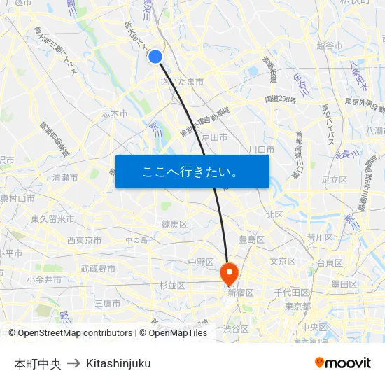 本町中央 to Kitashinjuku map