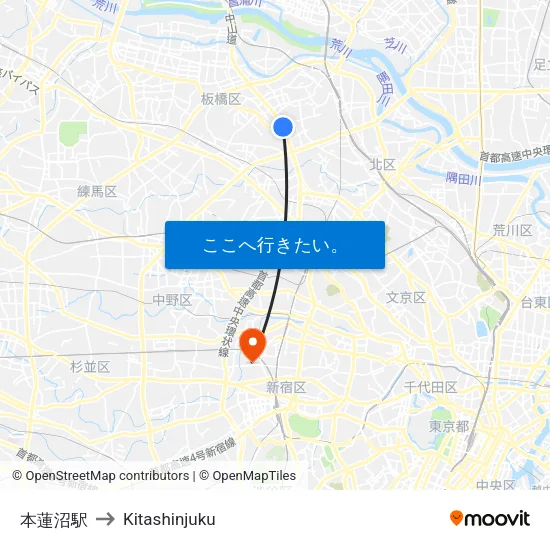 本蓮沼駅 to Kitashinjuku map