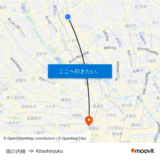 堀の内橋 to Kitashinjuku map
