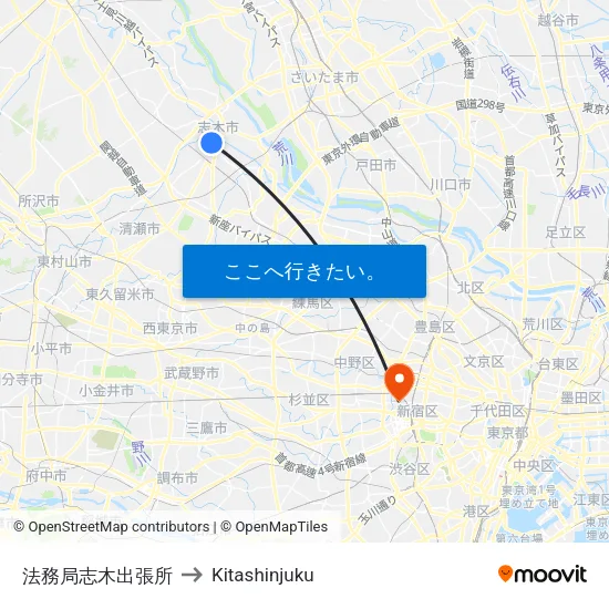 法務局志木出張所 to Kitashinjuku map