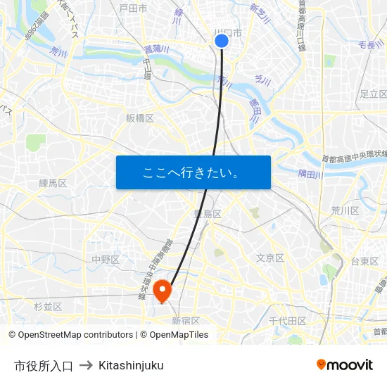 市役所入口 to Kitashinjuku map