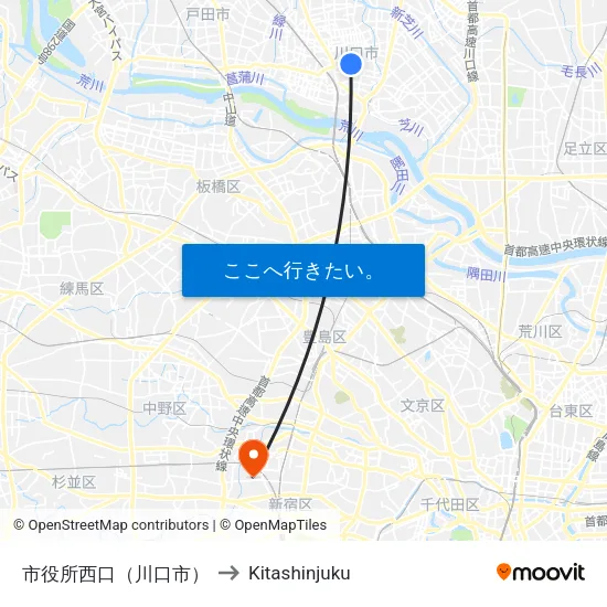 市役所西口（川口市） to Kitashinjuku map