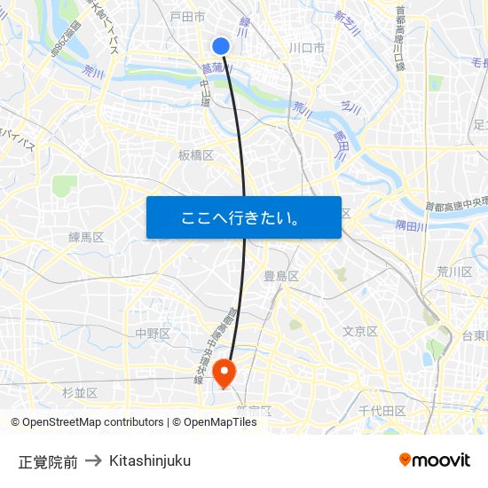 正覚院前 to Kitashinjuku map