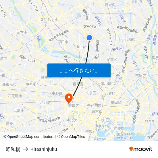 昭和橋 to Kitashinjuku map