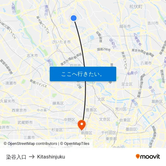 染谷入口 to Kitashinjuku map