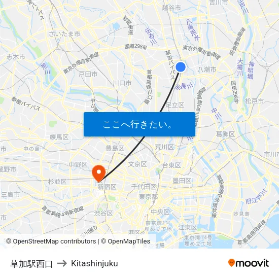 草加駅西口 to Kitashinjuku map