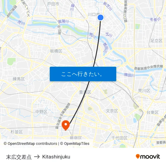 末広交差点 to Kitashinjuku map