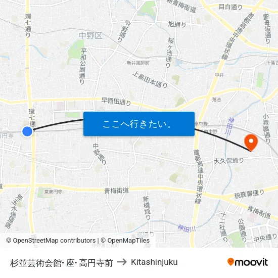 杉並芸術会館･座･高円寺前 to Kitashinjuku map