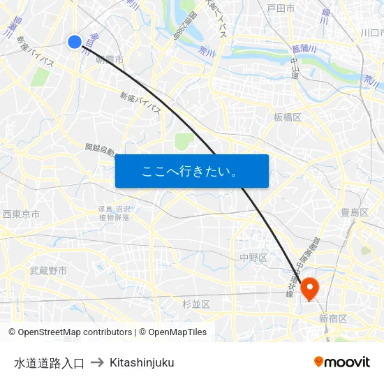 水道道路入口 to Kitashinjuku map