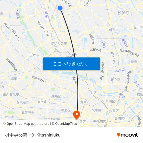 砂中央公園 to Kitashinjuku map