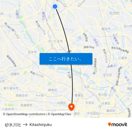 砂氷川社 to Kitashinjuku map