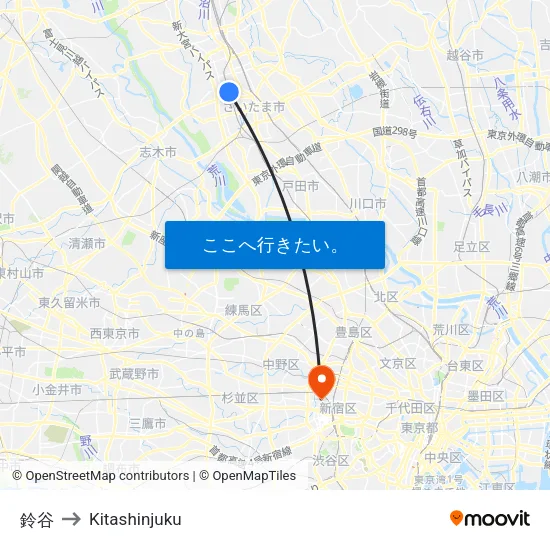 鈴谷 to Kitashinjuku map