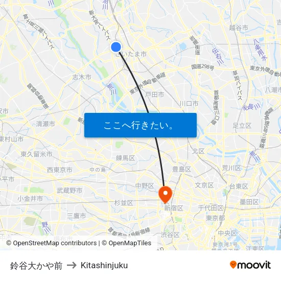 鈴谷大かや前 to Kitashinjuku map