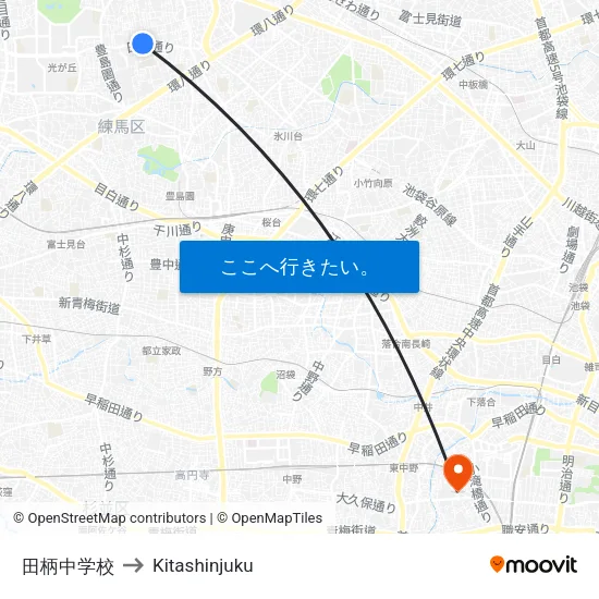 田柄中学校 to Kitashinjuku map