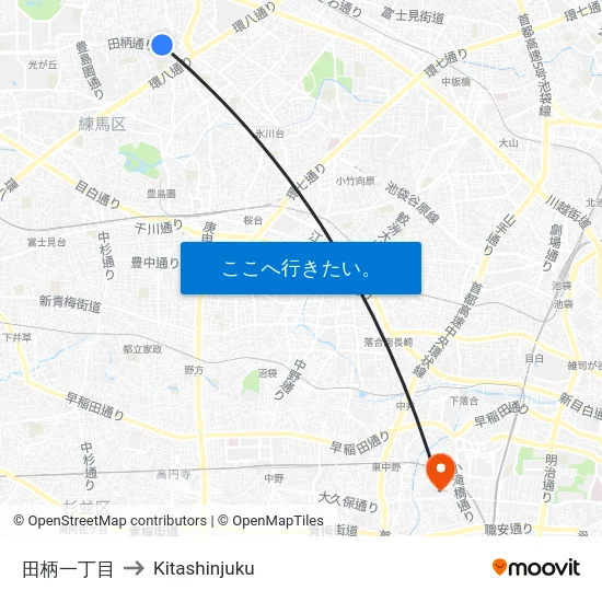 田柄一丁目 to Kitashinjuku map