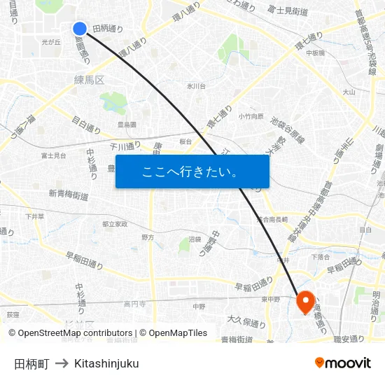 田柄町 to Kitashinjuku map
