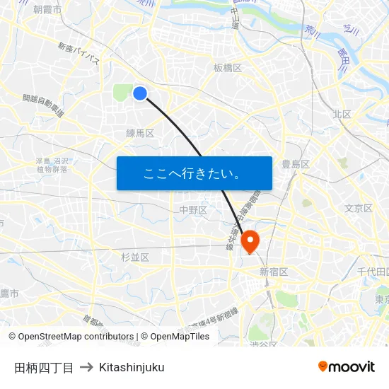 田柄四丁目 to Kitashinjuku map