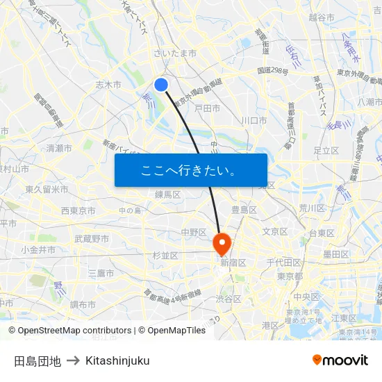 田島団地 to Kitashinjuku map