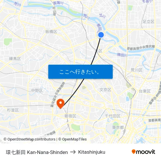 環七新田 Kan-Nana-Shinden to Kitashinjuku map