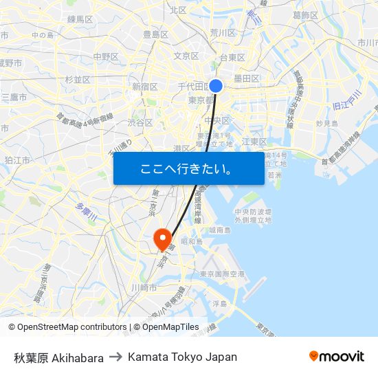秋葉原 Akihabara to Kamata Tokyo Japan map