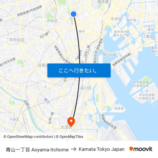 青山一丁目 Aoyama-Itchome to Kamata Tokyo Japan map