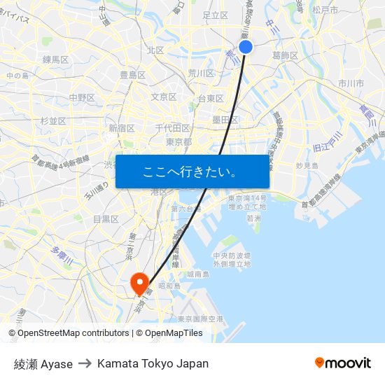 綾瀬 Ayase to Kamata Tokyo Japan map