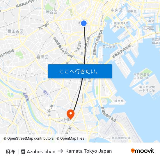 麻布十番 Azabu-Juban to Kamata Tokyo Japan map