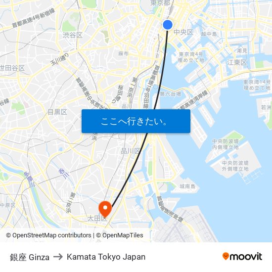 銀座 Ginza to Kamata Tokyo Japan map