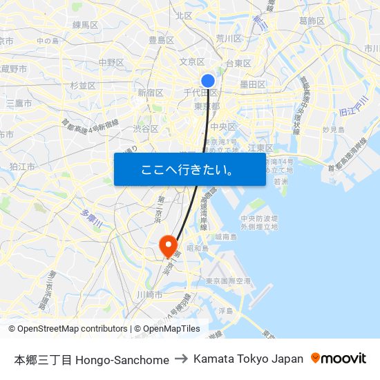 本郷三丁目 Hongo-Sanchome to Kamata Tokyo Japan map