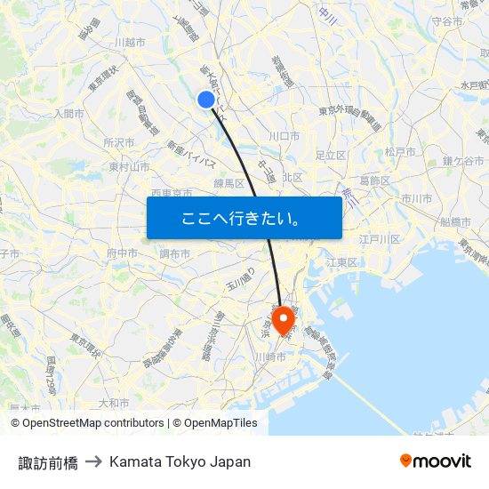 諏訪前橋 to Kamata Tokyo Japan map