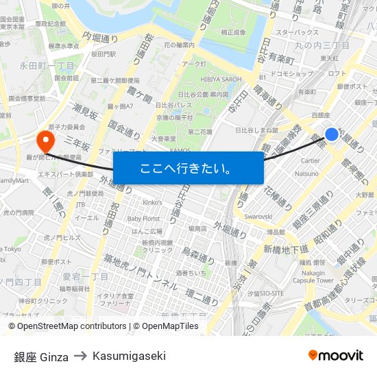 銀座 Ginza to Kasumigaseki map