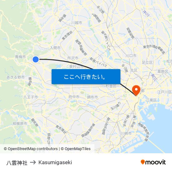 八雲神社 to Kasumigaseki map