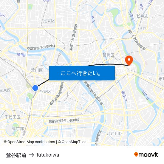 鶯谷駅前 to Kitakoiwa map