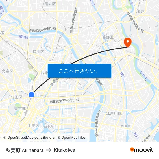 秋葉原 Akihabara to Kitakoiwa map