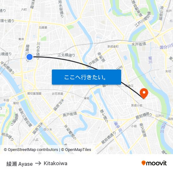 綾瀬 Ayase to Kitakoiwa map