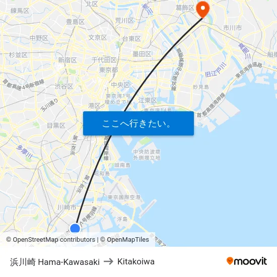 浜川崎 Hama-Kawasaki to Kitakoiwa map