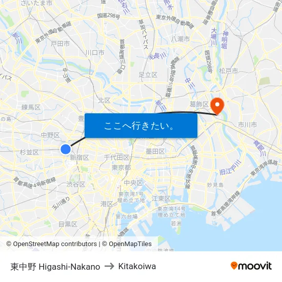 東中野 Higashi-Nakano to Kitakoiwa map