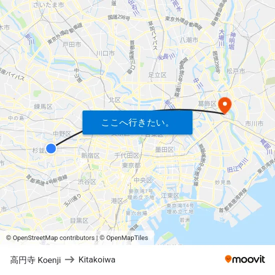 高円寺 Koenji to Kitakoiwa map