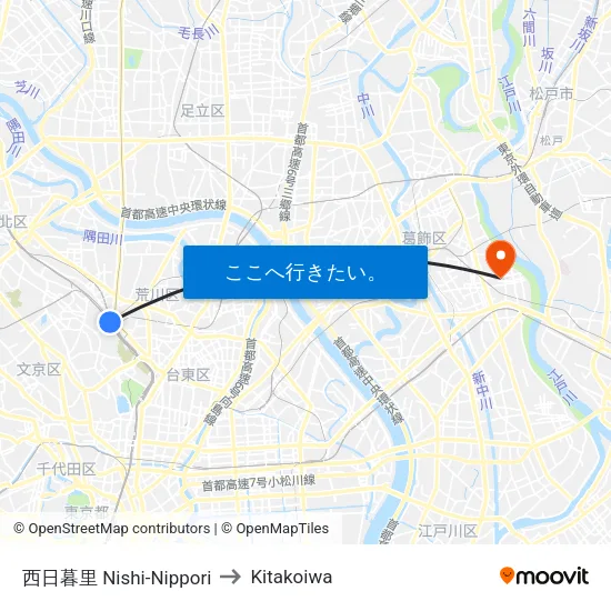 西日暮里 Nishi-Nippori to Kitakoiwa map