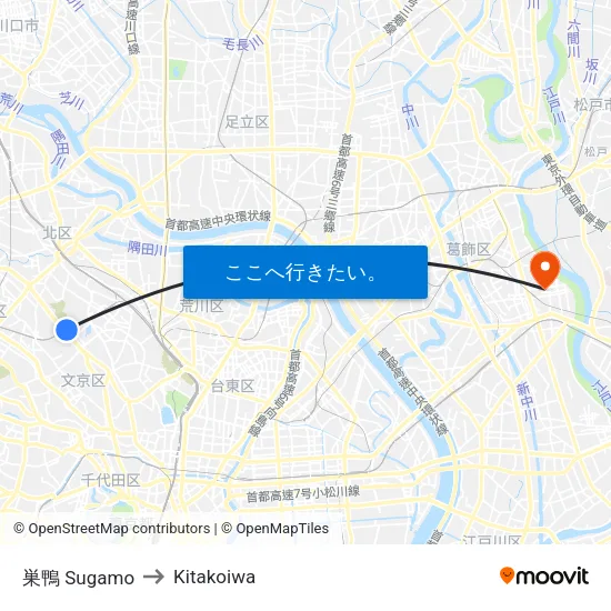 巣鴨 Sugamo to Kitakoiwa map