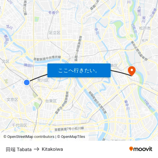 田端 Tabata to Kitakoiwa map